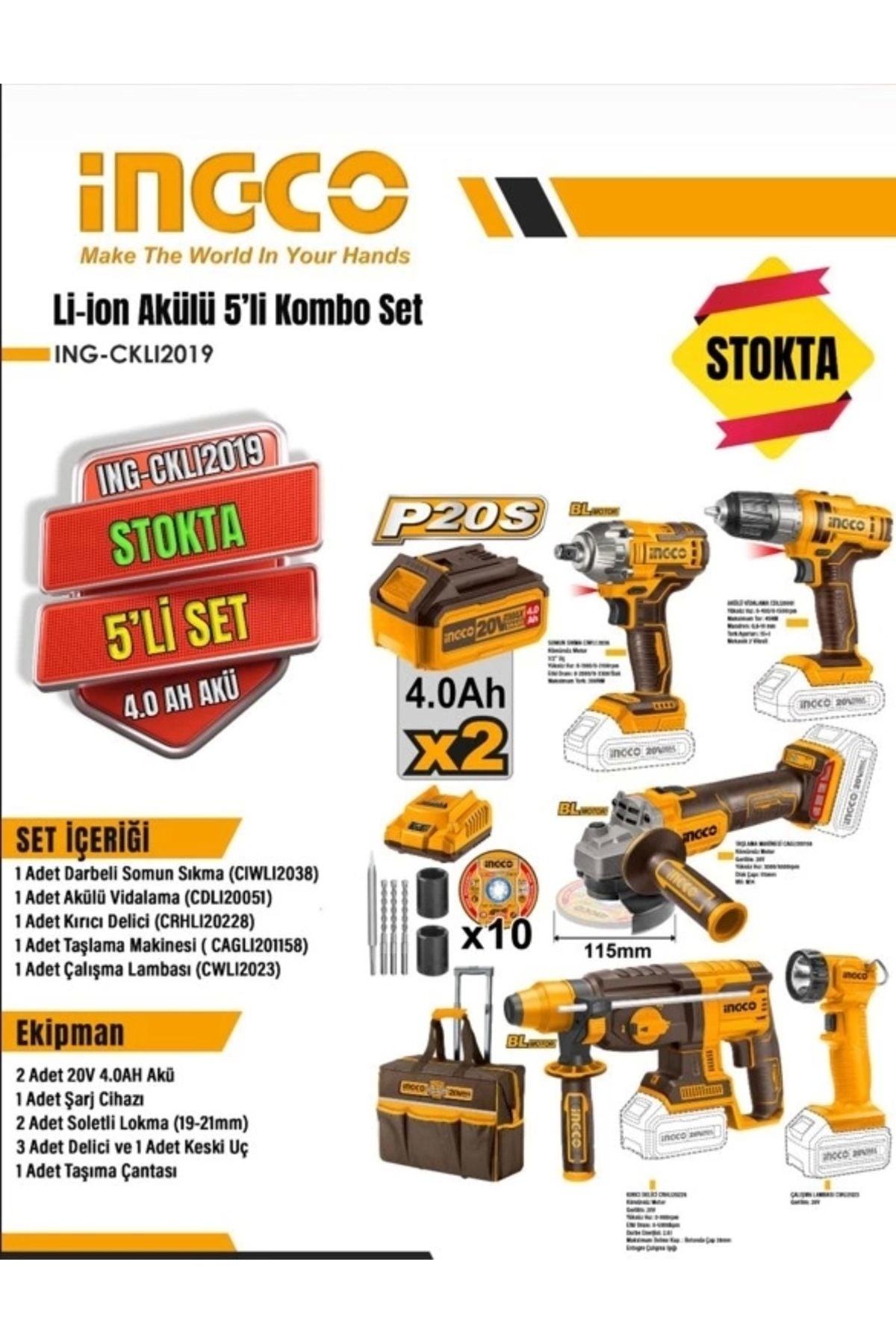 INGCO CKLI2019 5'li Akülü Vidalama - Somun Sıkma - Kırıcı Delici - Taşlama ve Çalışma Lambası Seti