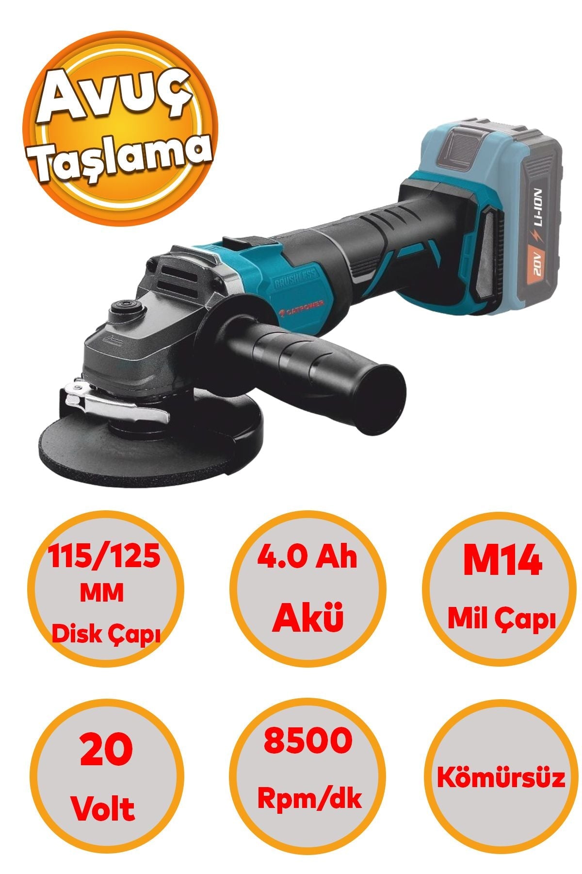 Catpower 4232 Avuç Taşlama Elektrikli Kömürsüz Li-ion 20 Volt Akü 4.0 Ah Batarya M14 115 mm 125 mm E-Toptan Hırdavat